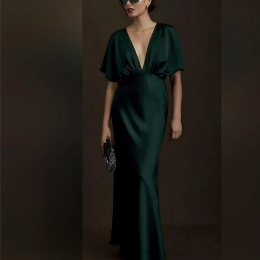 BHLDN Emerald Green Satin Maxi Dress